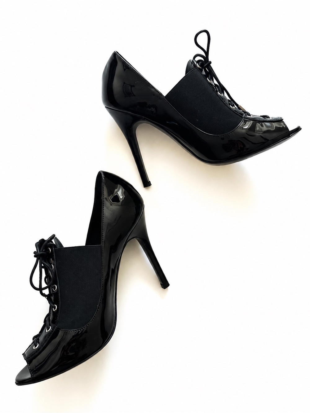 Luciano Padovan Black Patent Leather Lace-Up Peep Toe Booties EU 37 Italy